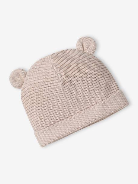 Kit naissance bonnet, moufles et chaussons et son pochon personnalisable beige chiné+écru+rose - vertbaudet enfant 