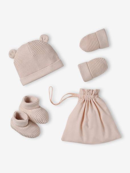 Kit naissance bonnet, moufles et chaussons et son pochon personnalisable beige chiné+écru+rose - vertbaudet enfant 