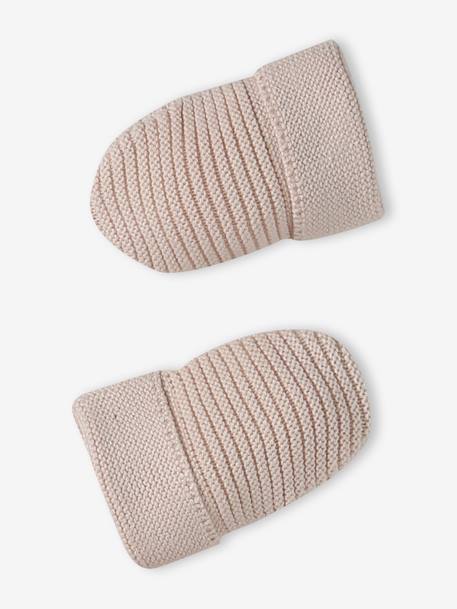 Kit naissance bonnet, moufles et chaussons et son pochon personnalisable beige chiné+écru+rose - vertbaudet enfant 