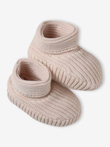 Kit naissance bonnet, moufles et chaussons et son pochon personnalisable beige chiné+écru+rose - vertbaudet enfant 