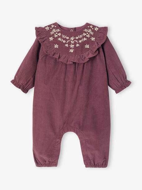 Combinaison bébé en velours avec col brodé et volanté aubergine - vertbaudet enfant 