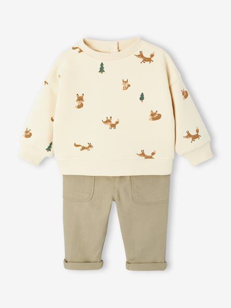 Babyset sweater met print + broek van keperstof kaki - vertbaudet enfant 