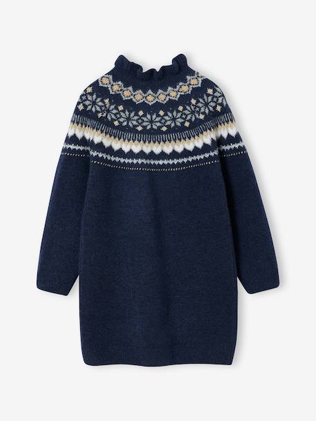Jacquard jurk in tricot voor meisjes ecru+marineblauw - vertbaudet enfant 