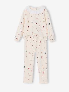-Pyjama Velours Fille Col Volant Popeline