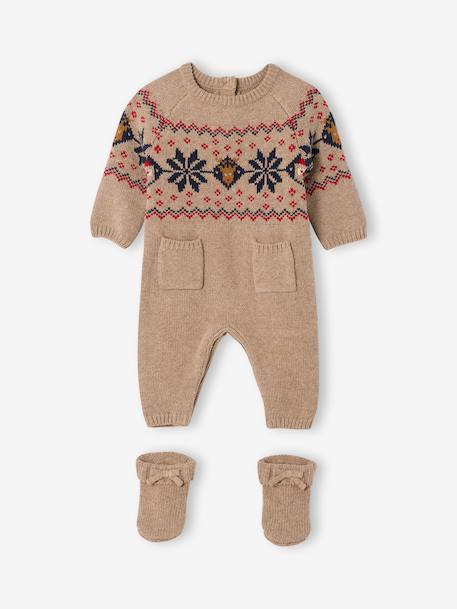 2-delige babyset met tricot babypakje + sokken in thema Kerst gemêleerd beige - vertbaudet enfant 