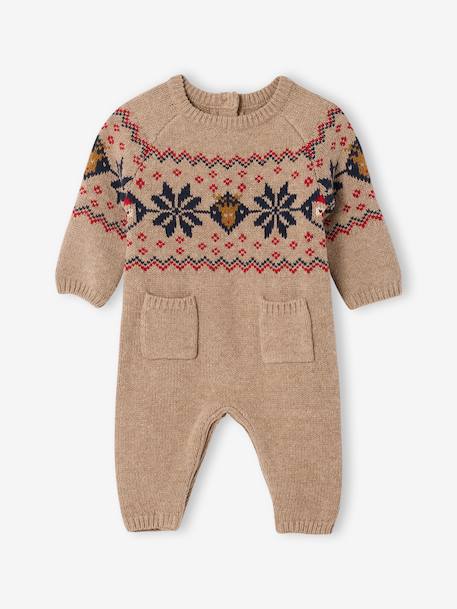 Ensemble naissance 2 pièces Noël combinaison chaussons en tricot beige chiné - vertbaudet enfant 