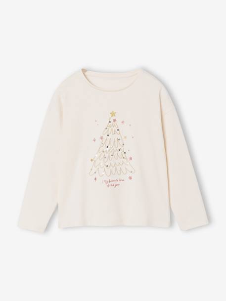 Tee-shirt fille noël motif sapin brillant manches longues écru - vertbaudet enfant 