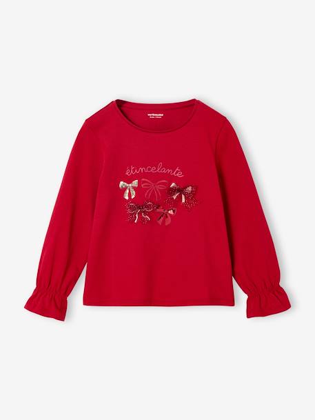 Fille-T-shirt, sous-pull-Tee-shirt fille noël noeud et détails glitter manches longues