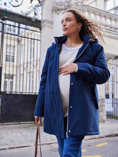 Evolutieve parka voor zwangerschap en dragen, gevoerd met luipaard imitatiebont ENVIE DE FRAISE marineblauw - vertbaudet enfant 