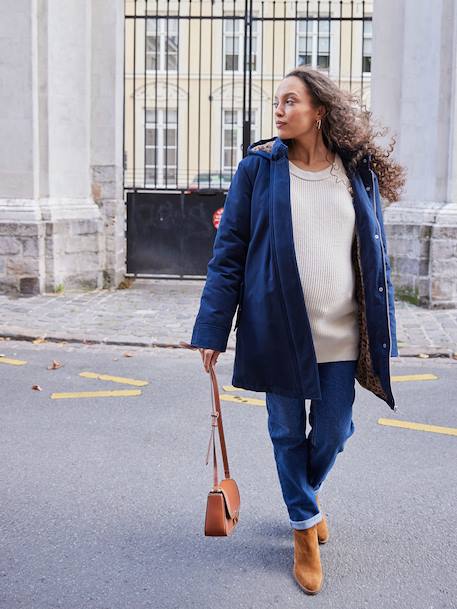 Evolutieve parka voor zwangerschap en dragen, gevoerd met luipaard imitatiebont ENVIE DE FRAISE marineblauw - vertbaudet enfant 