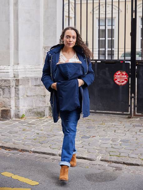 Evolutieve parka voor zwangerschap en dragen, gevoerd met luipaard imitatiebont ENVIE DE FRAISE marineblauw - vertbaudet enfant 