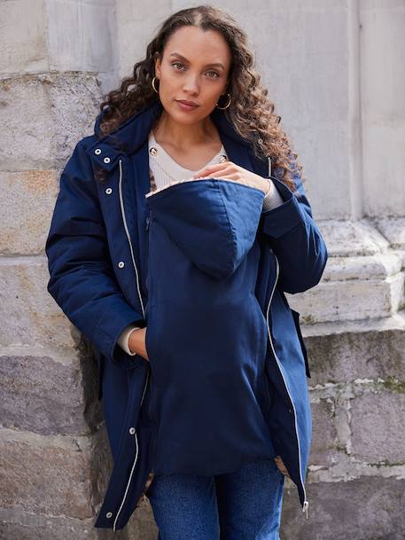 Evolutieve parka voor zwangerschap en dragen, gevoerd met luipaard imitatiebont ENVIE DE FRAISE marineblauw - vertbaudet enfant 