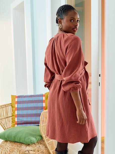 Robe courte en gaze de coton grossesse et allaitement bois de rose+noir - vertbaudet enfant 