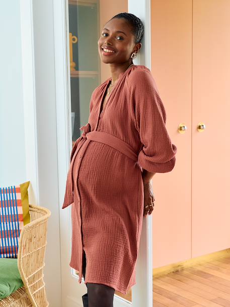 Robe courte en gaze de coton grossesse et allaitement bois de rose+noir - vertbaudet enfant 