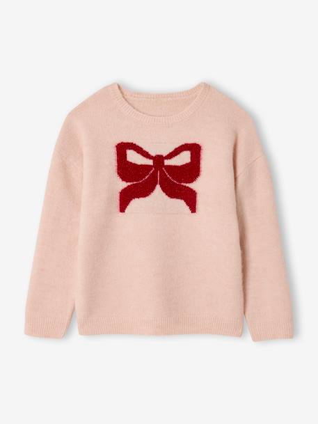 Kerstcadeauverpakking 'Renne' jacquard trui + 2 scrunchies voor meisjes ecru+lichtroze+roze (poederkleur) - vertbaudet enfant 