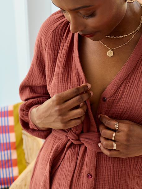 Robe courte en gaze de coton grossesse et allaitement bois de rose+noir - vertbaudet enfant 