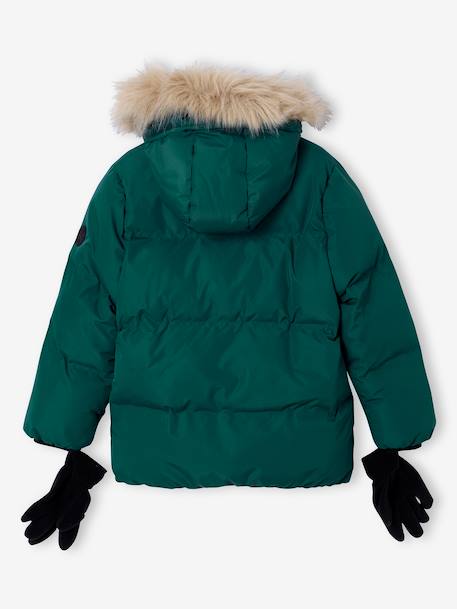 Doudoune garçon à capuche doublée polaire avec moufles ou gants ambre+vert sapin - vertbaudet enfant 