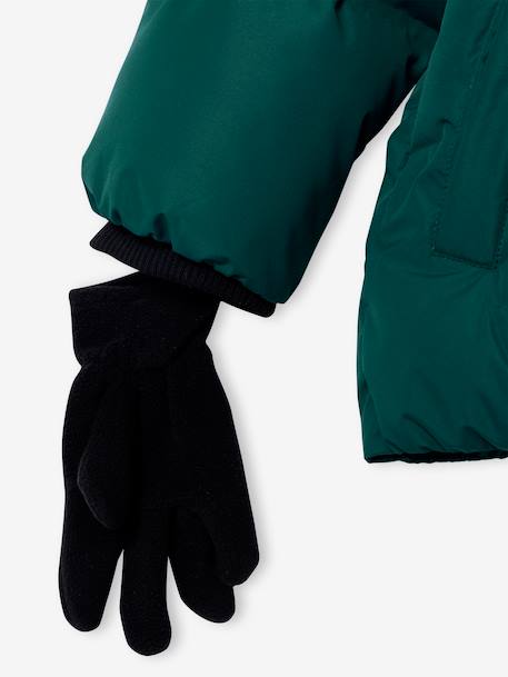Doudoune garçon à capuche doublée polaire avec moufles ou gants ambre+vert sapin - vertbaudet enfant 