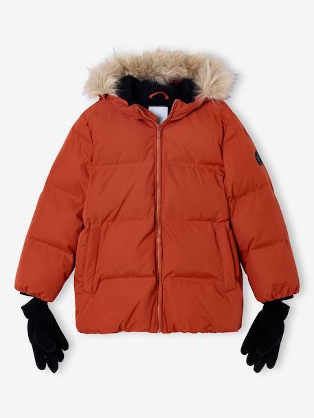 Doudoune garçon à capuche doublée polaire avec moufles ou gants ambre+vert sapin - vertbaudet enfant 