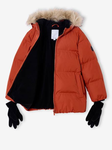 Doudoune garçon à capuche doublée polaire avec moufles ou gants ambre+vert sapin - vertbaudet enfant 