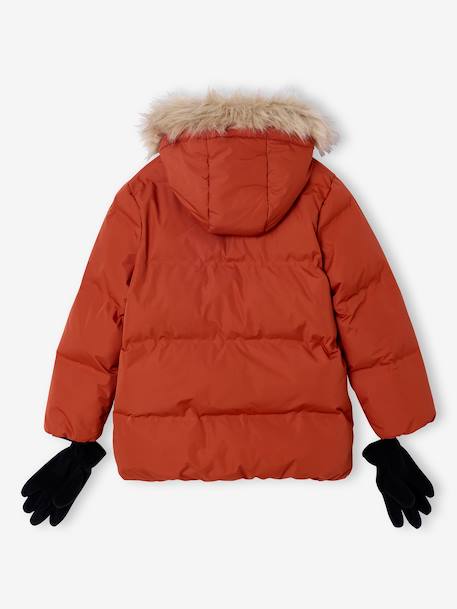 Doudoune garçon à capuche doublée polaire avec moufles ou gants ambre+vert sapin - vertbaudet enfant 