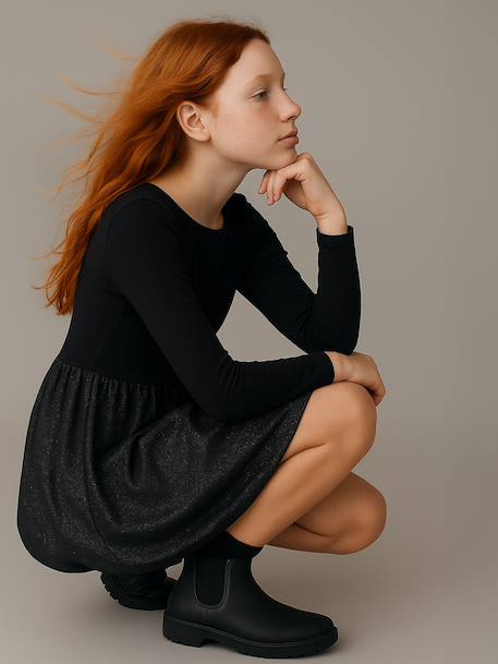 Bi-materiaal jurk met bolvorm voor meisjes antraciet - vertbaudet enfant 