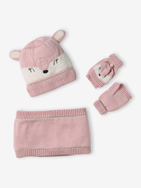 Coffret Noël fille bonnet + snood + moufles/mitaines bichette rose poudré - vertbaudet enfant 