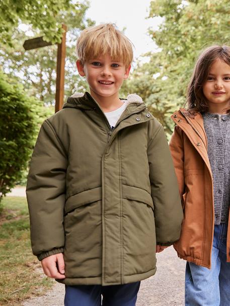 Parka garçon à capuche doublure sherpa kaki+noir - vertbaudet enfant 