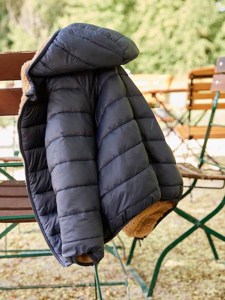 Doudoune à capuche réversible garçon matelassée et sherpa marine+moka+vert sapin - vertbaudet enfant 