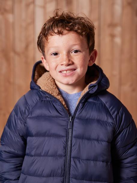 Doudoune à capuche réversible garçon matelassée et sherpa marine+moka+vert sapin - vertbaudet enfant 