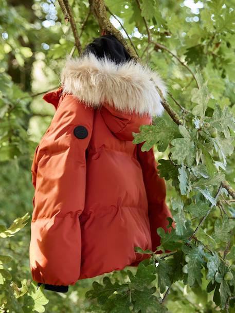 Doudoune garçon à capuche doublée polaire avec moufles ou gants ambre+vert sapin - vertbaudet enfant 