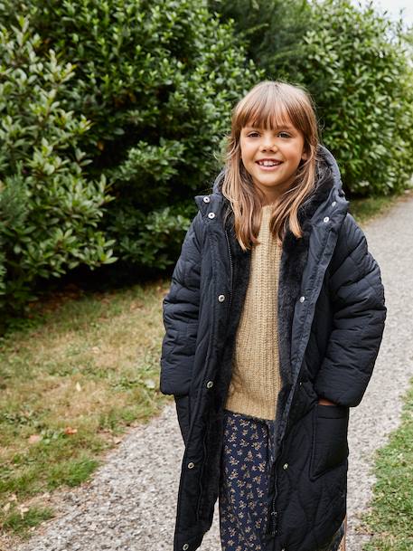 Fille-Manteau, veste-Doudoune fille longue à capuche doublée imitation fourrure