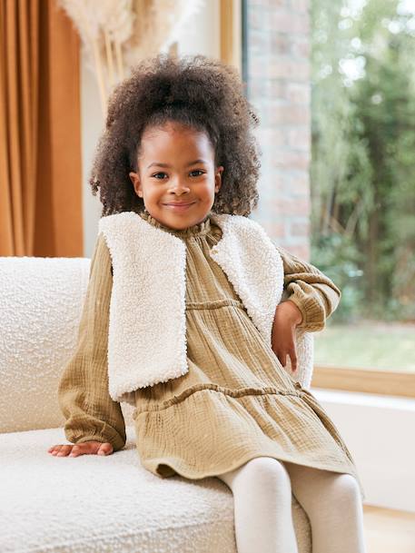 Ensemble fille 3 pièces robe gilet sherpa collant olive - vertbaudet enfant 