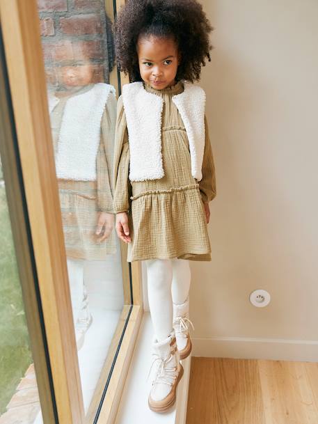 Ensemble fille 3 pièces robe gilet sherpa collant olive - vertbaudet enfant 