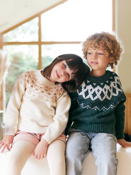 Jacquard trui voor meisjes met glinsterende details vanille - vertbaudet enfant 