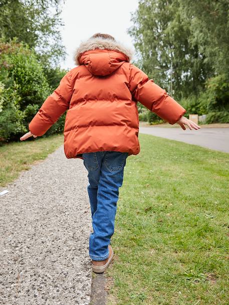 Doudoune garçon à capuche doublée polaire avec moufles ou gants ambre+vert sapin - vertbaudet enfant 