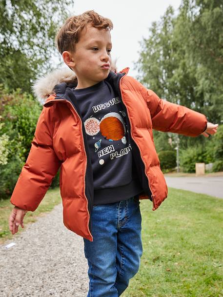 Donsjack met capuchon, fleecevoering en wanten of handschoenen amber+dennen - vertbaudet enfant 