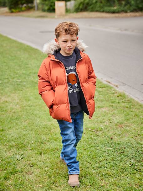 Doudoune garçon à capuche doublée polaire avec moufles ou gants ambre+vert sapin - vertbaudet enfant 