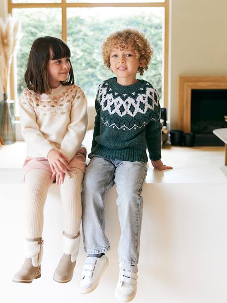 Pull jacquard garçon col rond bleu ardoise+vert - vertbaudet enfant 