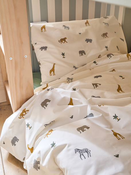 Bedset dekbedovertrek + kussensloop essentials voor kinderen WILD ANIMALS, met gerecycled katoen wit, bedrukt - vertbaudet enfant 