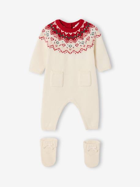 2-delige babyset met tricot babypakje + sokken in thema Kerst ecru - vertbaudet enfant 