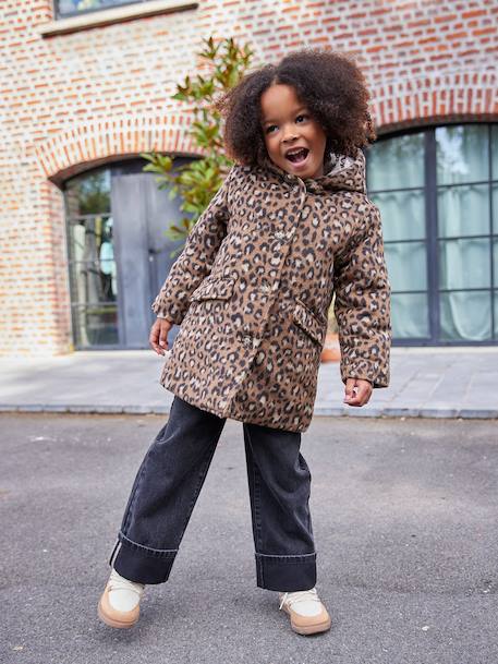 Mantel met capuchon van Laine stof met luipaardprint voor meisjes bruin - vertbaudet enfant 
