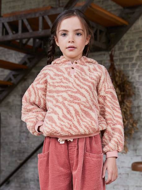 Meisjessweater met capuchon van sherpa ecru+roze (poederkleur) - vertbaudet enfant 