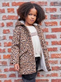 -Manteau fille à capuche drap de laine léopard 