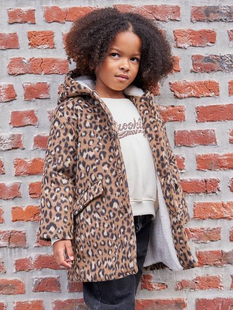 Mantel met capuchon van Laine stof met luipaardprint voor meisjes bruin - vertbaudet enfant 