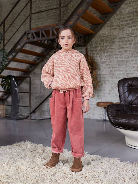 Meisjesbroek van fluweel / velours met losse pasvorm bordeauxrood+chocoladebruin+oudroze - vertbaudet enfant 