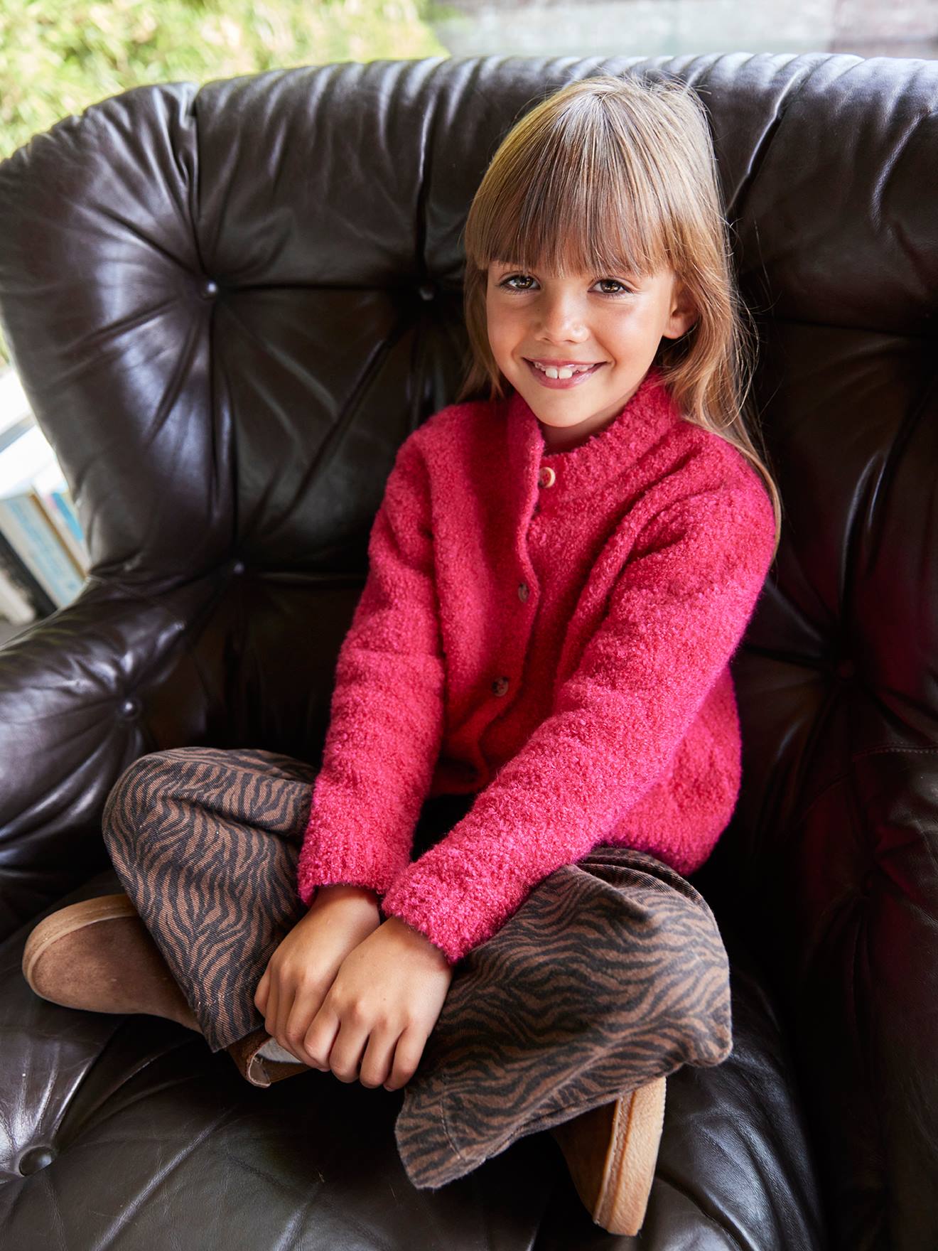 Gilet Jacquard Fille VERTBAUDET - Maille Fantaisie Avec Fil Brillant, Couleur Vert De Gris - Taille 10 Ans, Manches Longues, Boutonnage