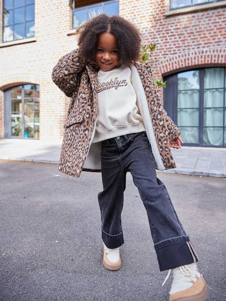 Fille-Manteau, veste-Manteau fille à capuche drap de laine léopard 