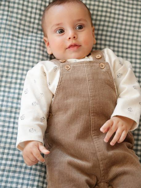 Ensemble 2 pièces naissance salopette en velours côtelé + T-shirt manches longues écru - vertbaudet enfant 