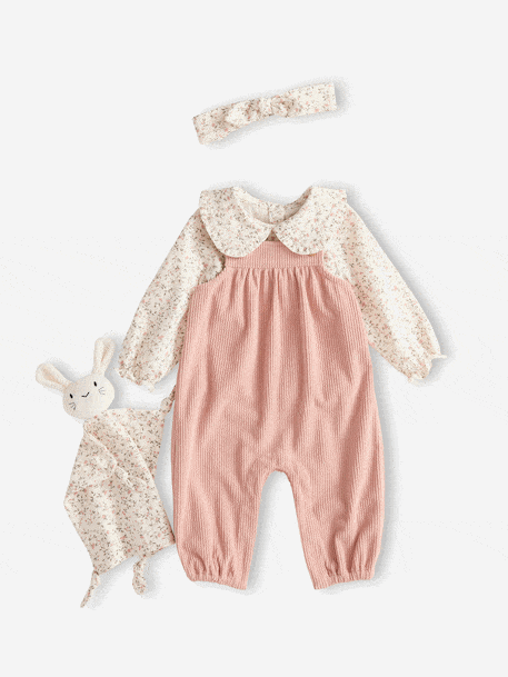 Babypakje T-shirt + salopet + haarband + knuffel roze (poederkleur) - vertbaudet enfant 